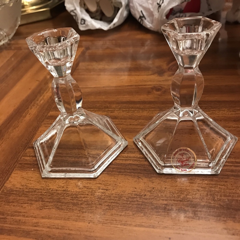 crystal Clear pillar candle holders pair USA 4 inches